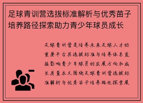 足球青训营选拔标准解析与优秀苗子培养路径探索助力青少年球员成长 足球青训营选拔标准解析与优秀苗子培养路径探索助力青少年球员成长